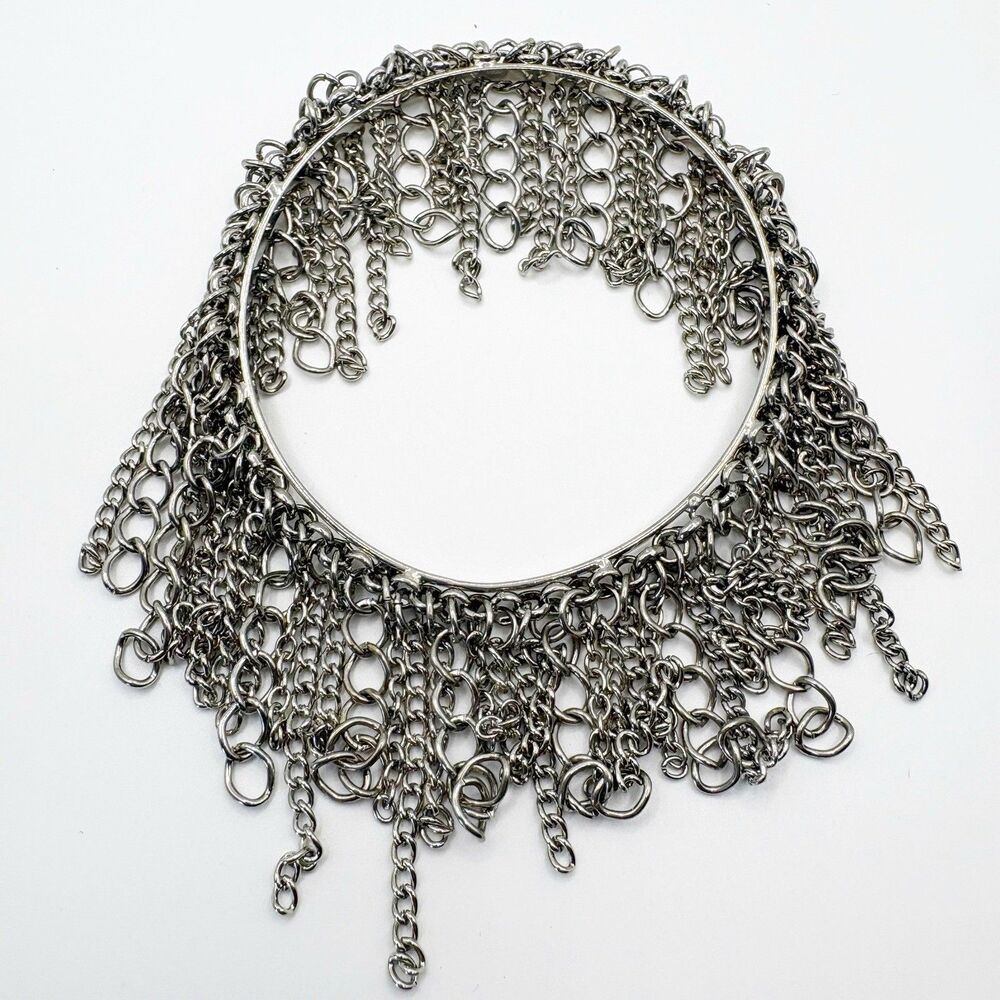 Silver Tone Bracelet Chain Maille Fringe Bangle Biker Chic Goth
